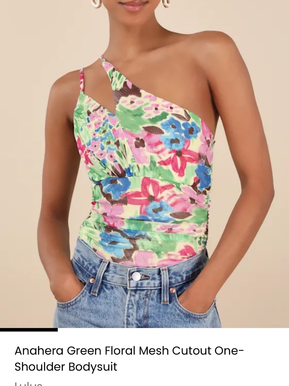 Lulu's Green Floral One-Shoulder Mesh Cutout Bodysuit